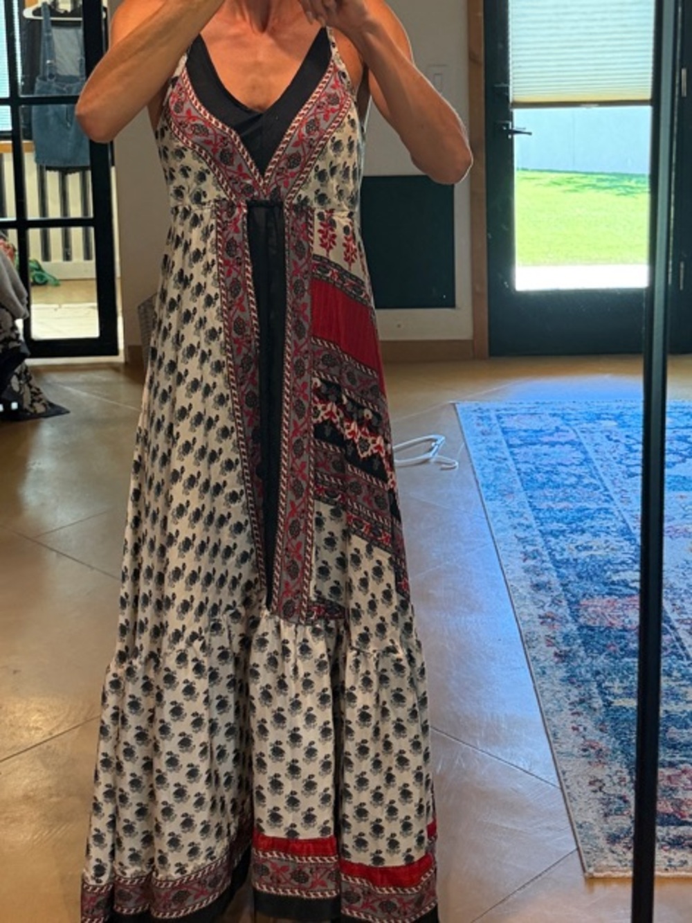 Boho V-Neck Maxi Dress in Ivory and Red